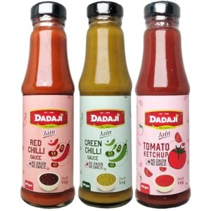 Dadaji Trio JAIN Sauce Combo | Jain Green Chilli, Jain Tomato Ketchup, Jain Red Chilli Sauce | No Onion & Garlic | Bold Asian Flavours | Spicy, Tangy & Tasty | Clear Ingredients | No MSG or Trans Fats | 200gm each