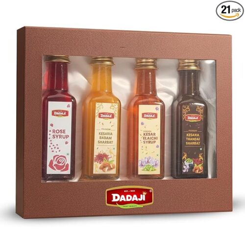 DADAJI Maharaja Holi Gift Set | Pack of 4 Assorted Sharbat & Syrups | Kesar Thandai,Kesaria Badam, Kesar Elaichi & Rose | 100% Natural Flavors | Perfect Festive Gift | Summer Special
