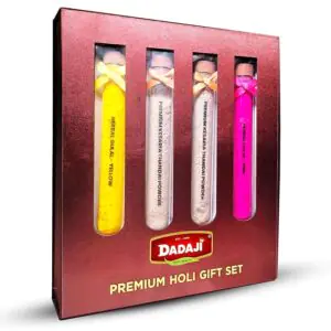 Dadaji Premium Holi Gift Set with Reusable Wooden Décor Stand | Thandai Powder (2×40g) & Herbal Gulal (Pink & Yellow) | Eco-Friendly Glass Tubes | Converts into Decorative Plant Holder