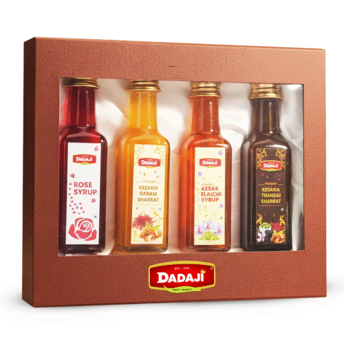 Dadaji Maharaja Holi Gift Set | Pack of 4 Assorted Sharbat & Syrups | Kesar Thandai,Kesaria Badam, Kesar Elaichi & Rose | 100% Natural Flavors | Perfect Festive Gift